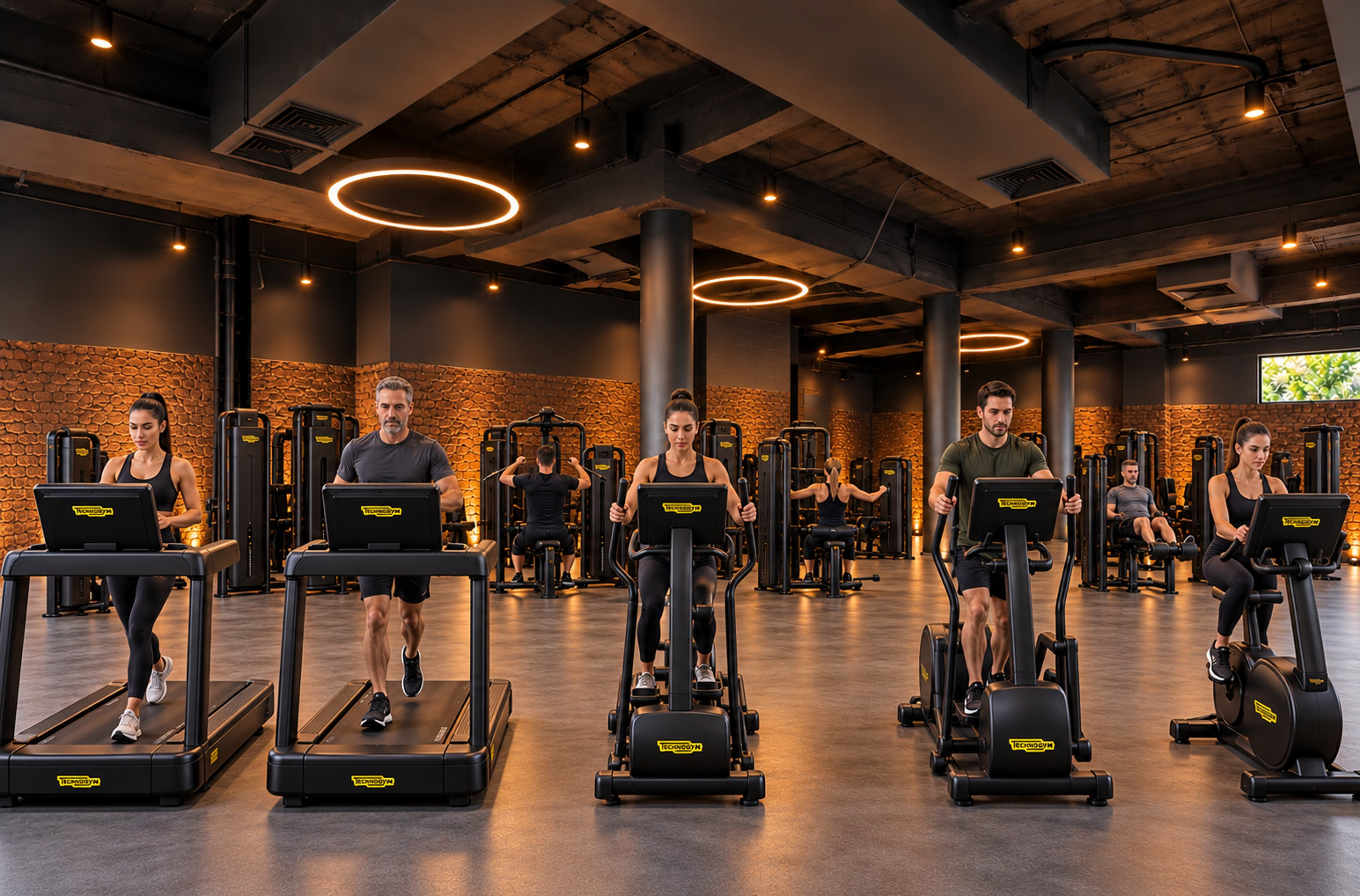 Illustrative Premium-Trainingsatmosphäre mit Cardio-, Kraftgeräten und warmem Licht